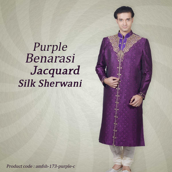 Purple Benarasi Jacquard Silk Sherwani