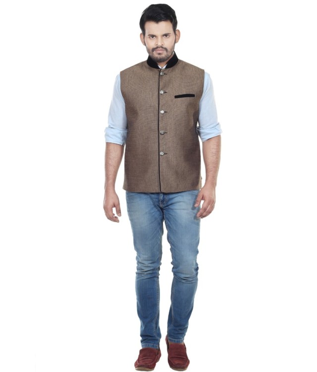 Attractive Light Brown Jute Linen Nehru Jacket