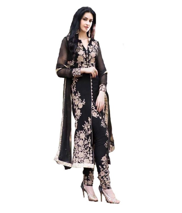 Black Georgette Suit with White Floral Embroidery